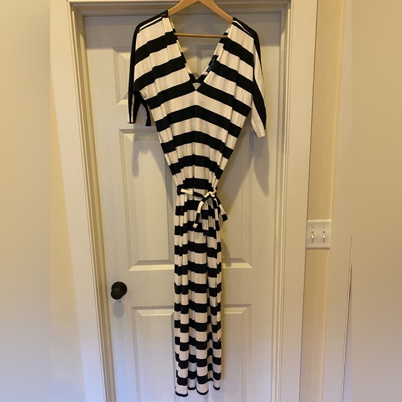 Striped Navy and White Cotton Maxi Dress - Picture 1 of 5